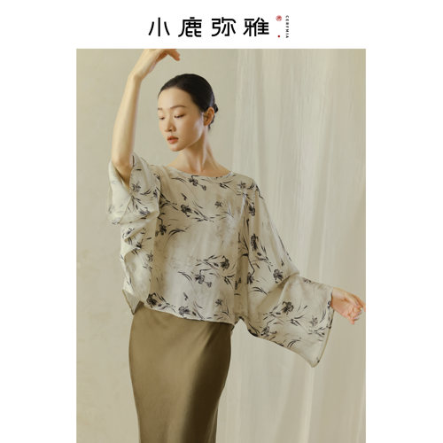 小鹿弥雅《鸢尾》系列新中式桑蚕丝印花倒大长袖印花上衣春秋