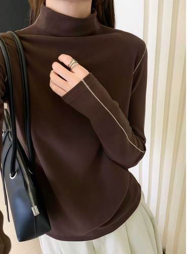E念8088冬季半高领明星同款长袖加绒韩版显瘦打底衫t恤女2025上衣
