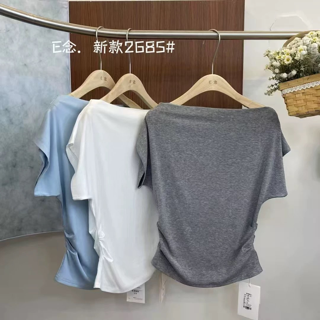 E念2685一字领斜肩上衣双版本设计感小众百搭慵懒风宽松短袖T恤女