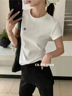 E念2816韩版 显瘦百搭上衣夏 纯色圆领刺绣正肩短袖 T恤女ins潮修身