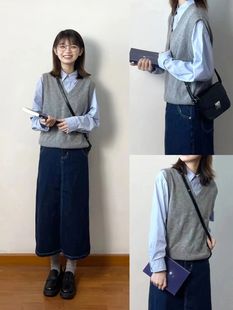 马甲叠穿衬衫 日系V领针织衫 两件套女 2023新款 初秋小个子穿搭套装