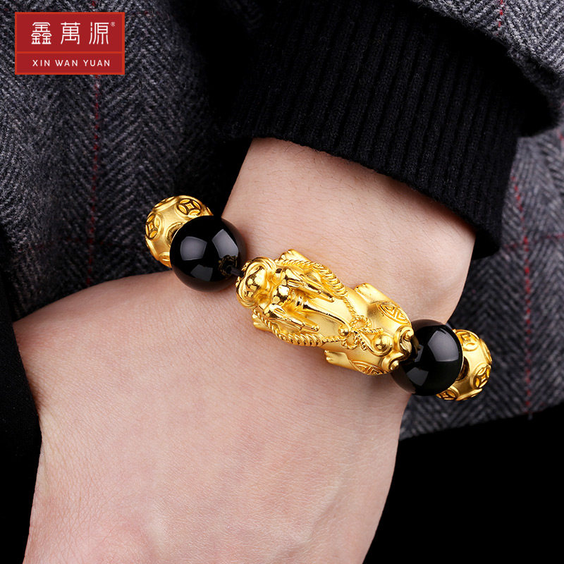 鑫万源黄金貔貅手链男足金3d硬金转运珠黑曜石手串金貔貅手饰礼物
