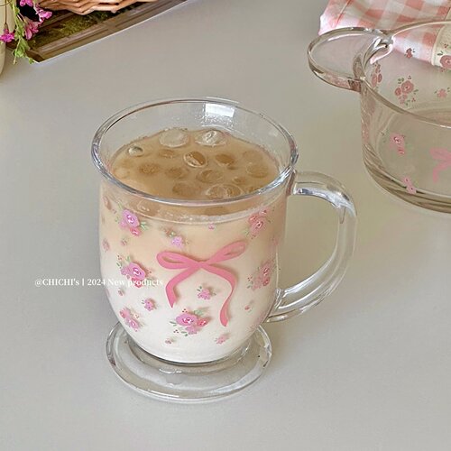 粉色碎花蝴蝶结玻璃杯