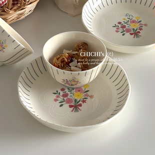 ins法式 盘子 田园风陶瓷餐盘甜品盘家用高颜值汤盘漂亮