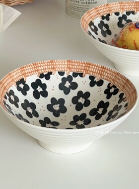 经典复古斗笠碗黑色花花8英寸陶瓷大碗拉面碗家用汤碗水果碗