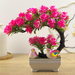 送盆送鸟新款仿真室内摆设装饰客厅玄关酒柜茶几塑料花盆景小摆件