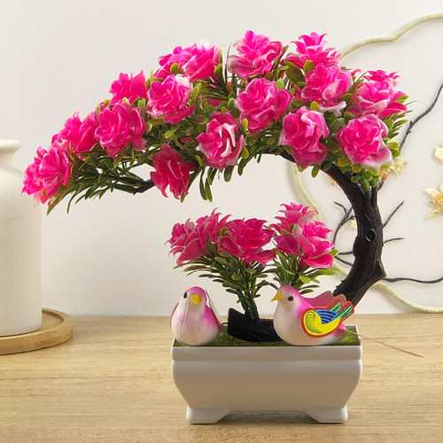 送盆送鸟新款仿真室内摆设装饰客厅玄关酒柜茶几塑料花盆景小摆件
