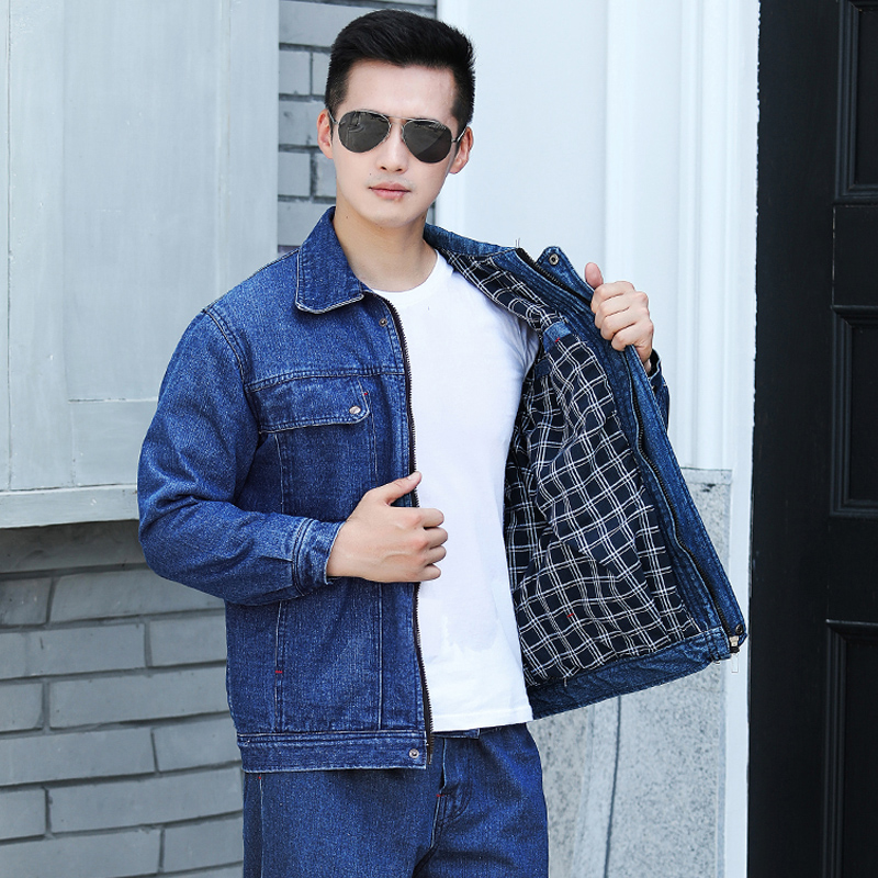 双层加厚电焊牛仔套装耐脏工作服