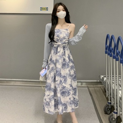 茶歇法式碎花吊带连衣裙女夏季高级感气质长裙子外搭开衫两件套装