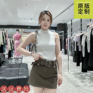 安安家2024秋款小立领轻薄弹力坑条修身打底削肩无袖针织衫背心女