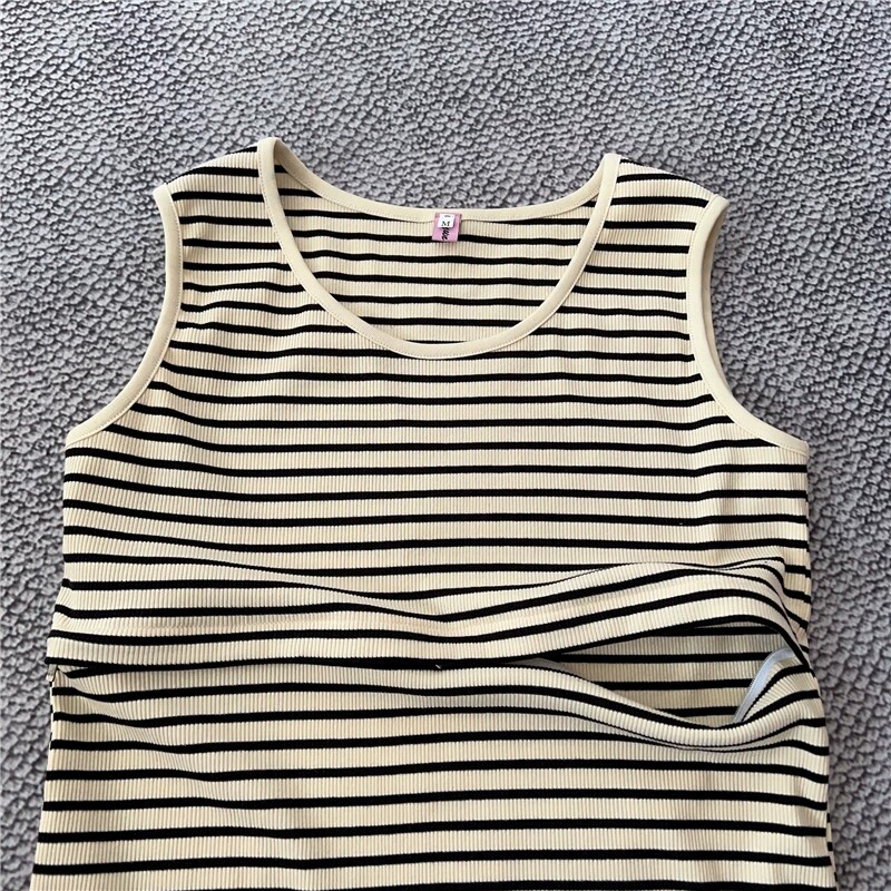 夏季吊带哺乳背心上衣外出宝妈产后母乳期条纹显瘦拉链式喂奶衣服