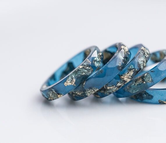 浅湖蓝戒指手工制作情侣戒指金箔
