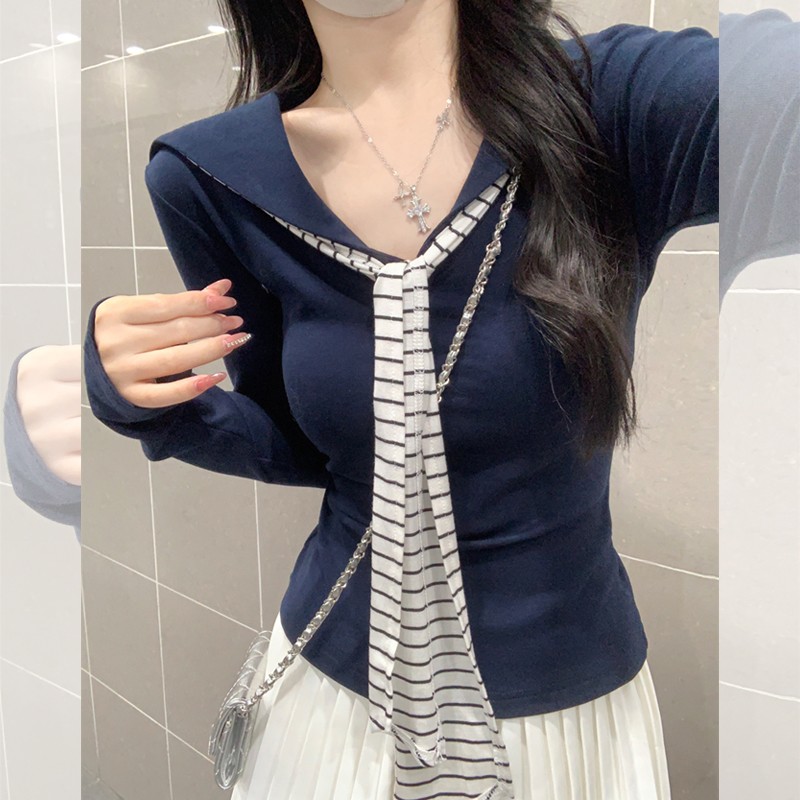 早秋撞色条纹海军领飘带别致漂亮T恤女学院风高级小众不撞衫上衣
