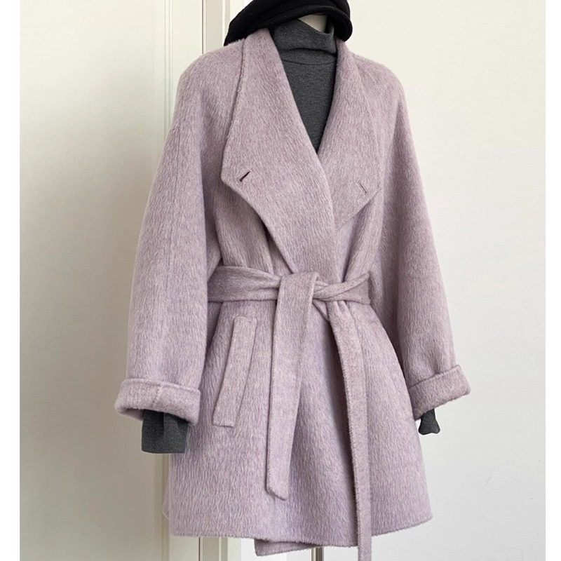 羊毛大衣双面呢2025年冬季新款高级感毛呢外套小个子韩系系带收腰