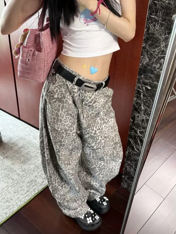 NAN复古做旧百搭廓形水洗豹纹牛仔裤女慵懒松弛感时髦拖地弯刀裤