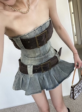 NAN M夏低腰修身千禧辣妹复古舒华同款腰带百褶牛仔抹胸连衣裙女