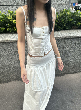 NAN法式浪漫度假风松紧蕾丝花边显瘦修身性感吊带背心半身裙套装