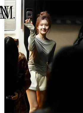 NAN露丝百搭性感显瘦长款薄透天丝不对称抽褶收腰船领长袖上衣女