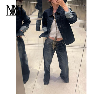 NAN新款原牛显瘦显腿长005L复古深蓝低腰阔腿直筒长款牛仔裤女