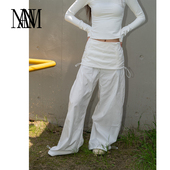 长裤 NAN假两件宽松显瘦袋鼠裤 裤 白色休闲裤 抽绳运动阔腿裙裤 工装