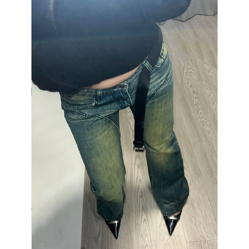NAN24新设计感辣妹微喇叭裤脏染扎染做旧修身显瘦复古低腰牛仔裤