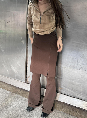 NAN美拉德显瘦假两件裙裤微喇叭开叉拉链美式女辣妹性感弹力长裤