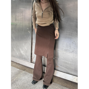 女辣妹性感弹力长裤 NAN美拉德显瘦假两件裙裤 微喇叭开叉拉链美式