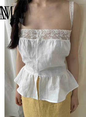 NANM复古系扣绑带收腰显瘦百搭法国蕾丝白色100%全亚麻吊带上衣女