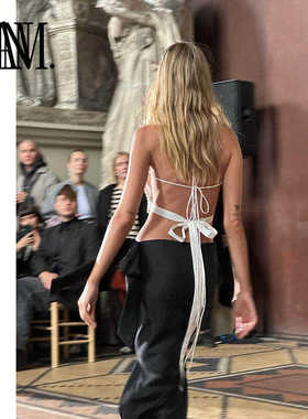 NAN秀款性感度假棉刺绣勾边方形露背抹胸肚兜式后背系带绑带上衣