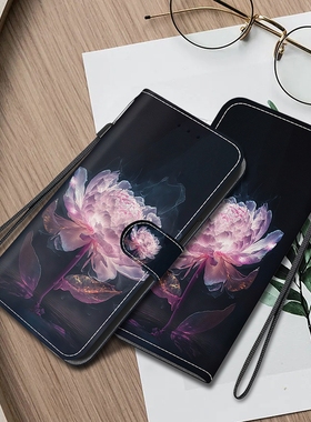 紫色牡丹适用GalaxyA55/A35/A25/A15三星A13/A23/A33/A53翻盖手机壳A12/A22/A32/A42/A52皮套A14/A54/A24A34