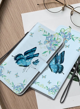 蓝色蝴蝶适用GalaxyA55/A35/A25/A15三星A13/A23/A33/A53翻盖手机壳A12/A22/A32/A42/A52皮套A14/A54/A24A34