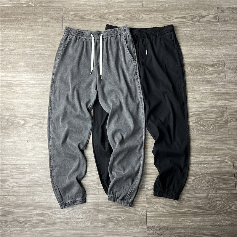 外贸男装尾货 定制天丝绒 夏季复古灰水洗束脚休闲裤男士牛仔长裤