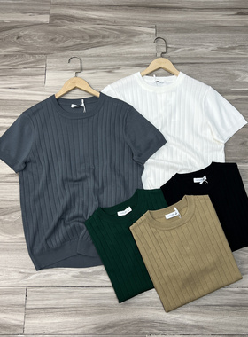 西班牙尾货 Z家同款 男士轻奢条纹针织短袖时尚高端圆领弹力T恤衫