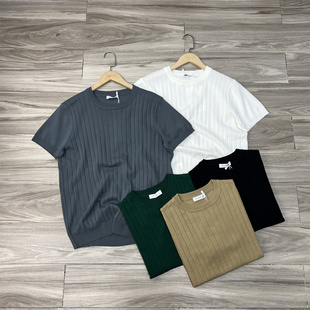 西班牙尾货 Z家同款 男士轻奢条纹针织短袖时尚高端圆领弹力T恤衫