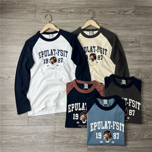 虎头印花全棉水洗磨毛圆领长袖 休闲撞色插肩袖 T恤男 美式 线下398