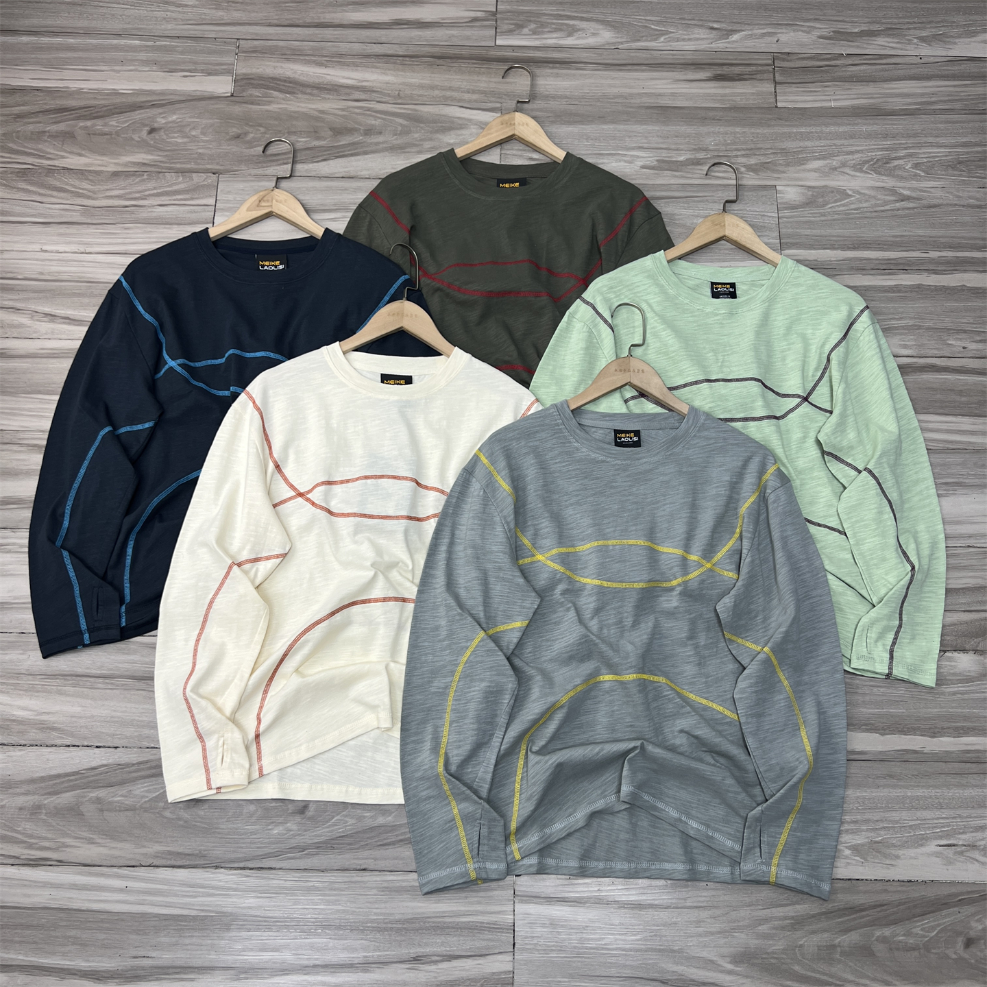 户外山系 撞色哈苏线工艺男女通用宽松舒适全棉竹节棉长袖圆领T恤