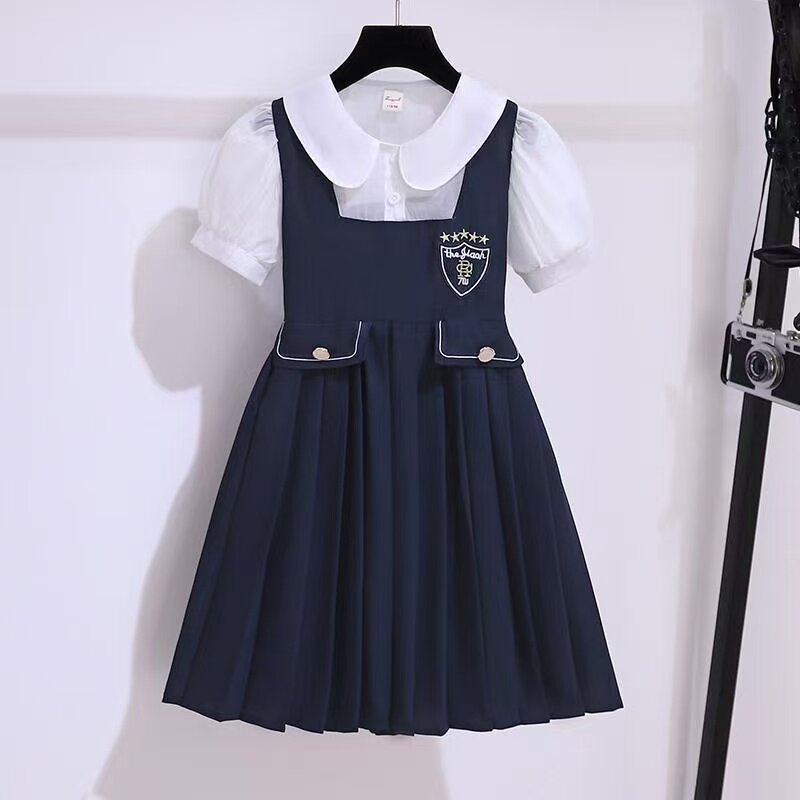 女童学院风连衣裙夏季洋气中大儿童假两件公主裙小女孩衬衫百褶裙