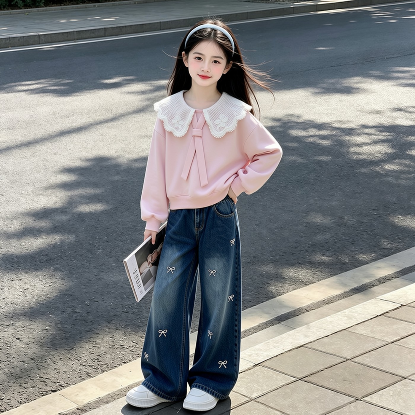 女童春秋娃娃领蕾丝卫衣牛仔套装