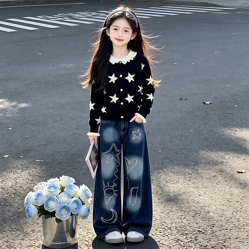 女童秋装套装2026新款洋气儿童春秋款毛衣打底衫大童牛仔裤三件套