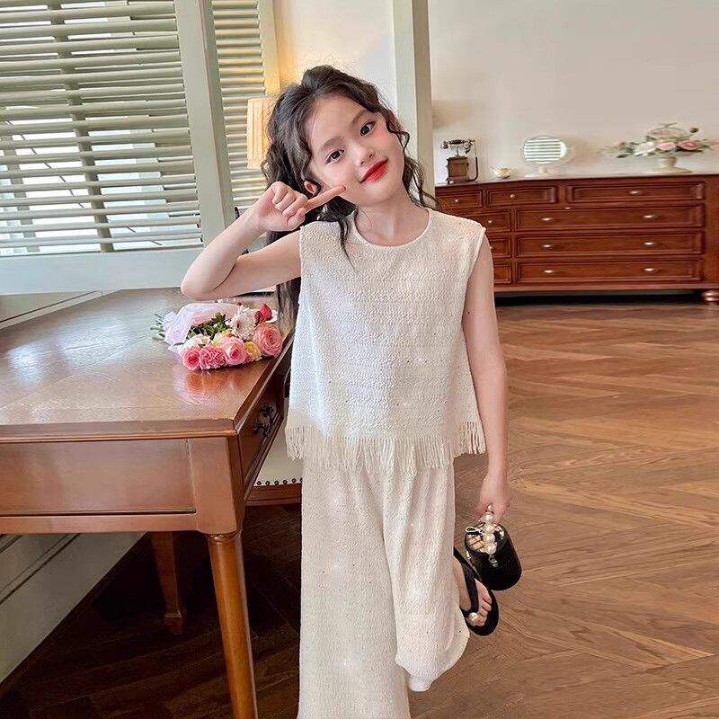 女童绝美无袖套装夏季洋气时髦中大童小女孩流苏背心阔腿裤两件套