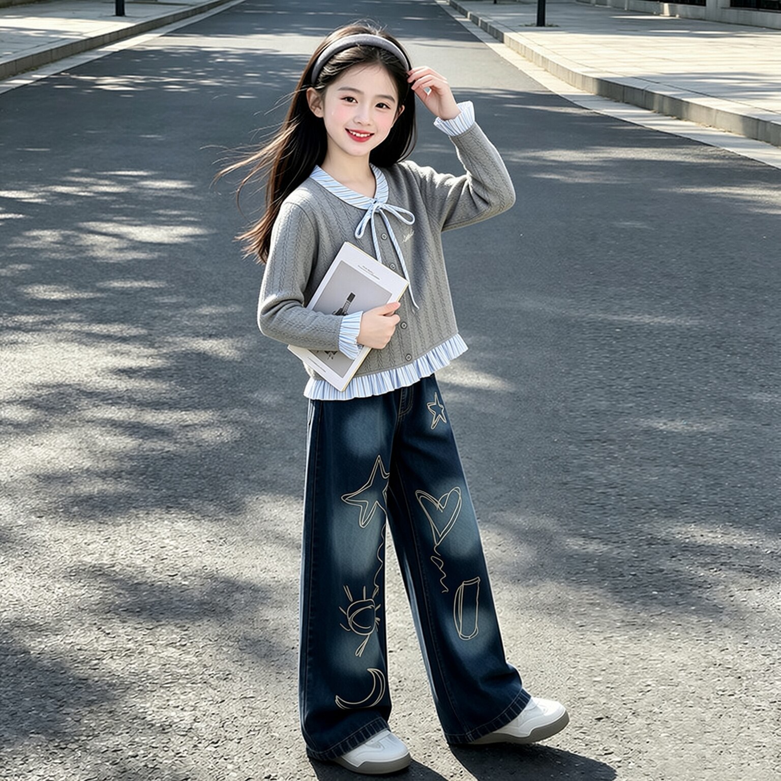 女童套装春装2026新款中大童学院风春秋儿童洋气上衣牛仔裤两件套