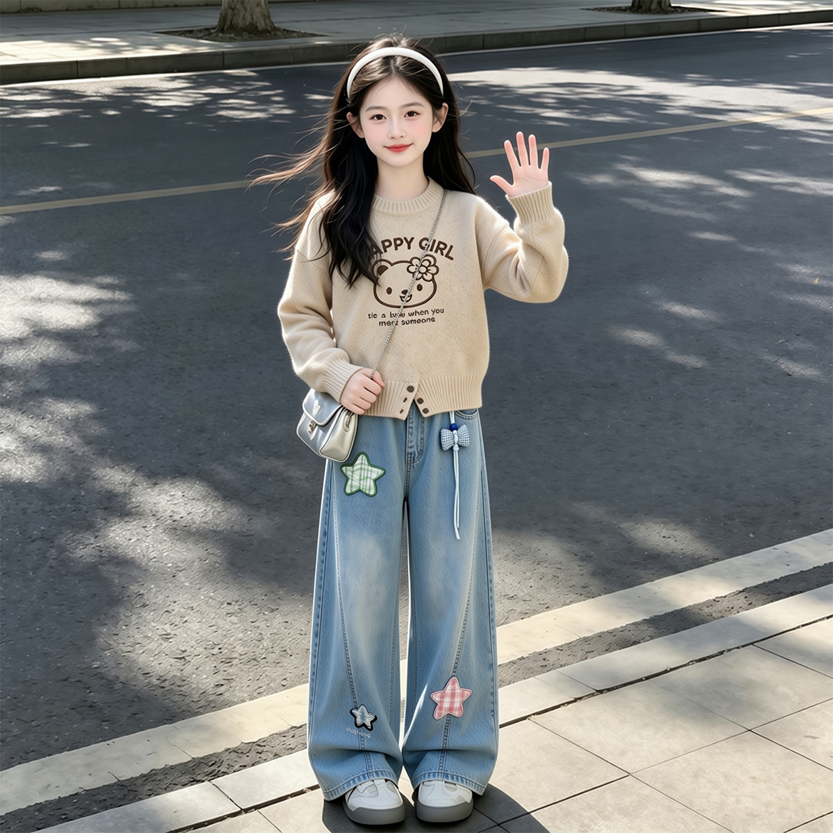 女童春秋款毛衣套装2026新款儿童秋装格纹星星牛仔裤两件套潮