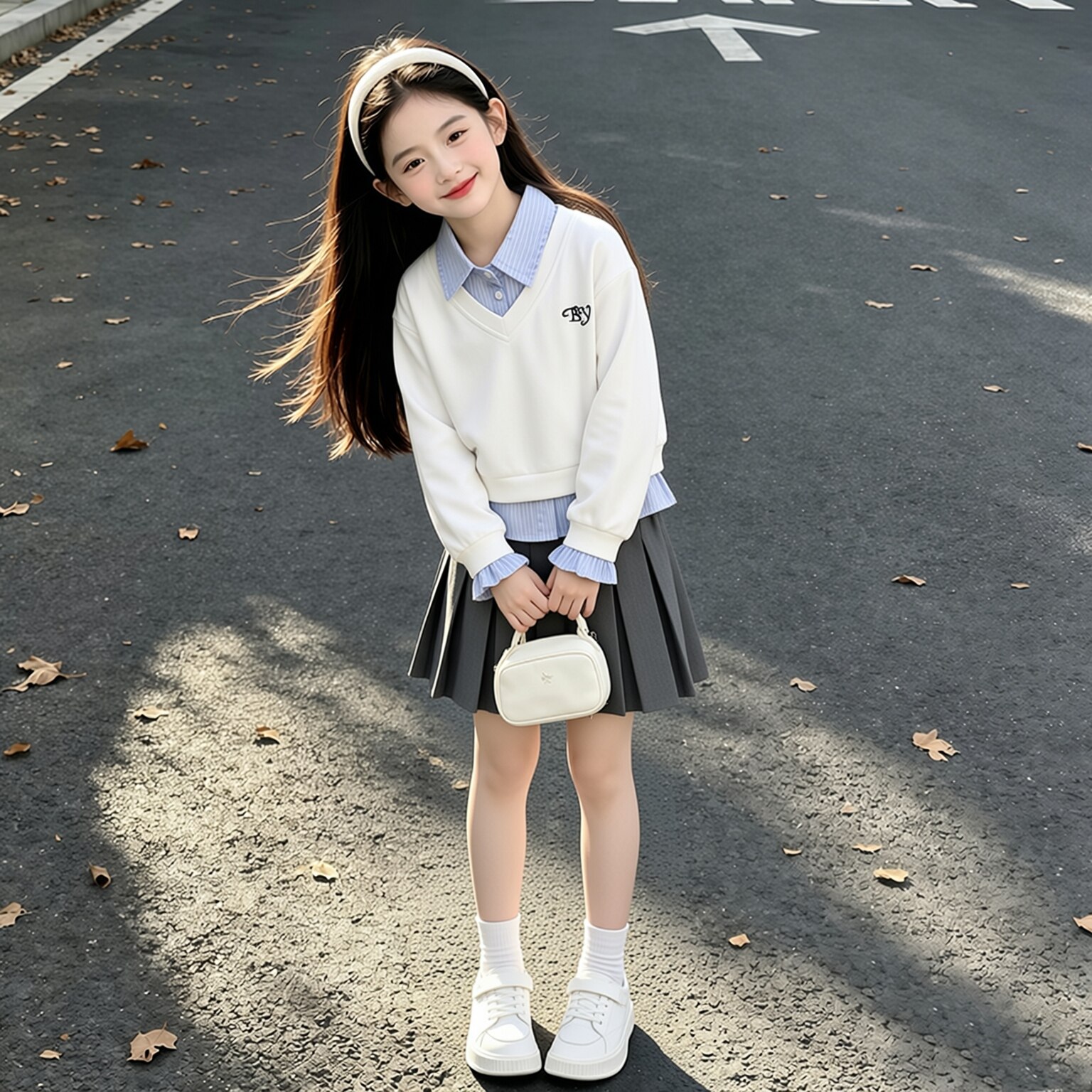 女童衬衫领假两件卫衣套装2026秋冬新款中大儿童学院风百褶裙半裙