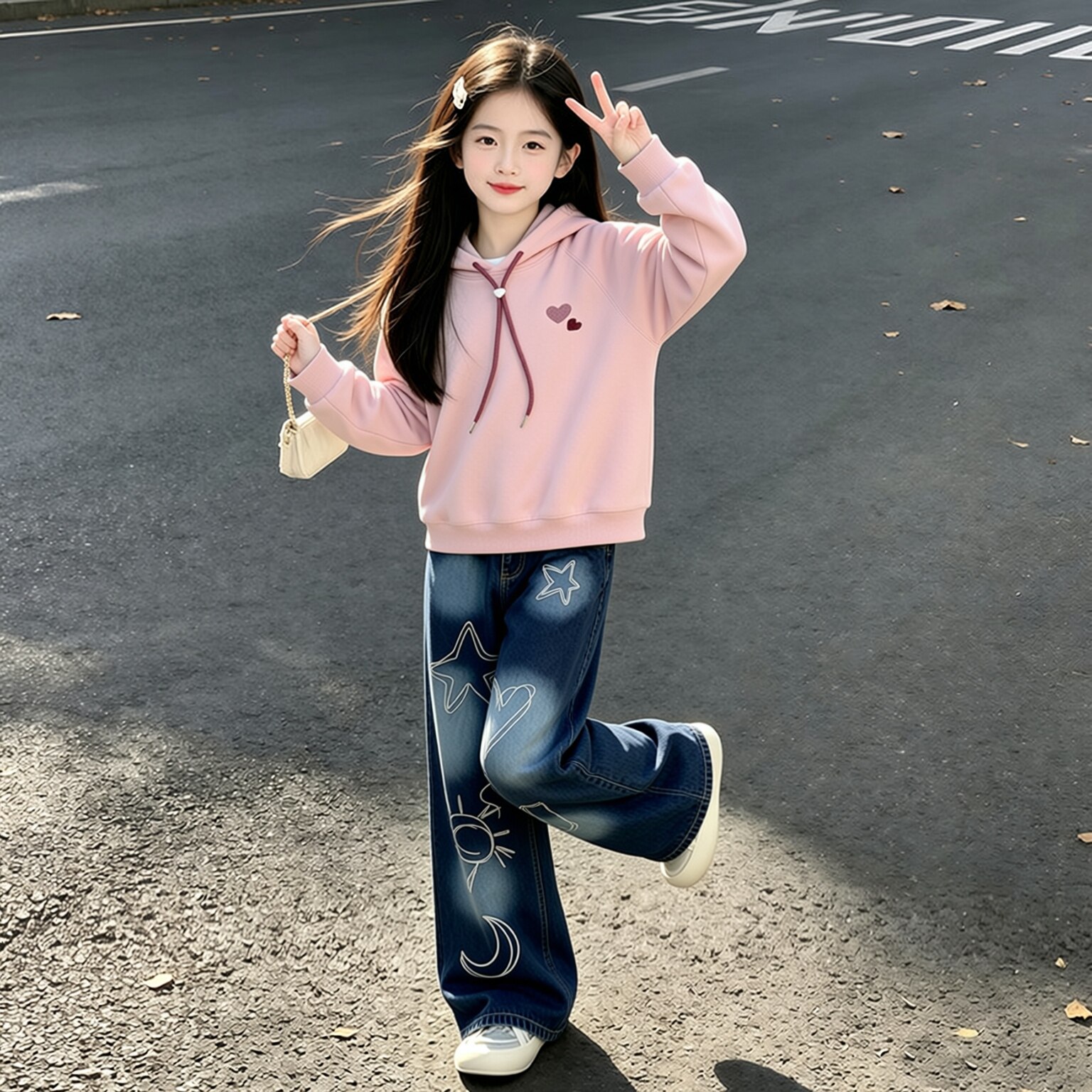 女童学院风穿搭连帽卫衣2026秋季新款女大童初中生洋气牛仔裤套装
