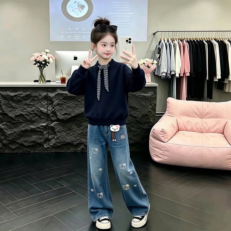 女童春秋毛衣套装2026新款儿童韩系针织衫中大童牛仔阔腿裤两件套