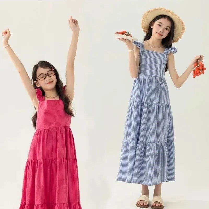 女童条纹连衣裙夏季洋气中大童飞袖沙滩背心裙小女孩大摆过膝长裙