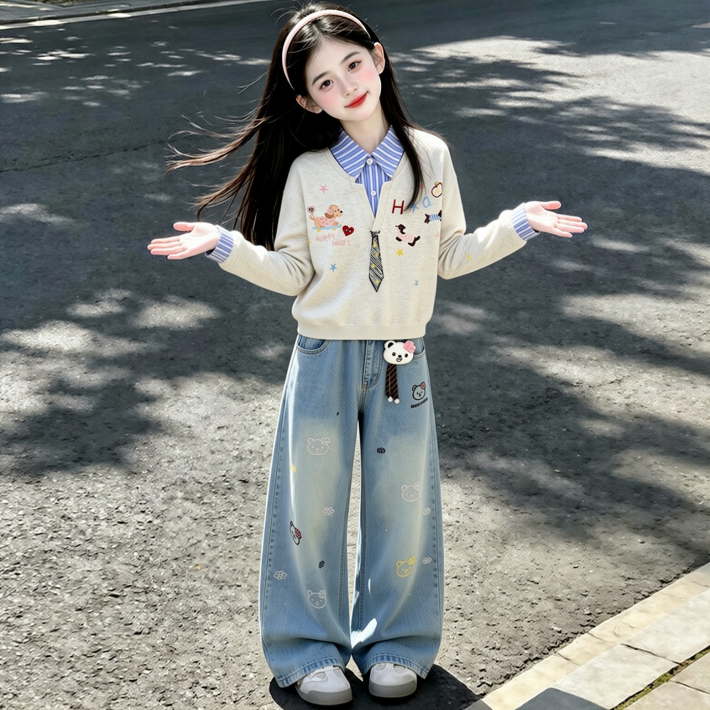 女童春秋款套装2026新款儿童洋气假两件卫衣秋装牛仔裤两件套潮