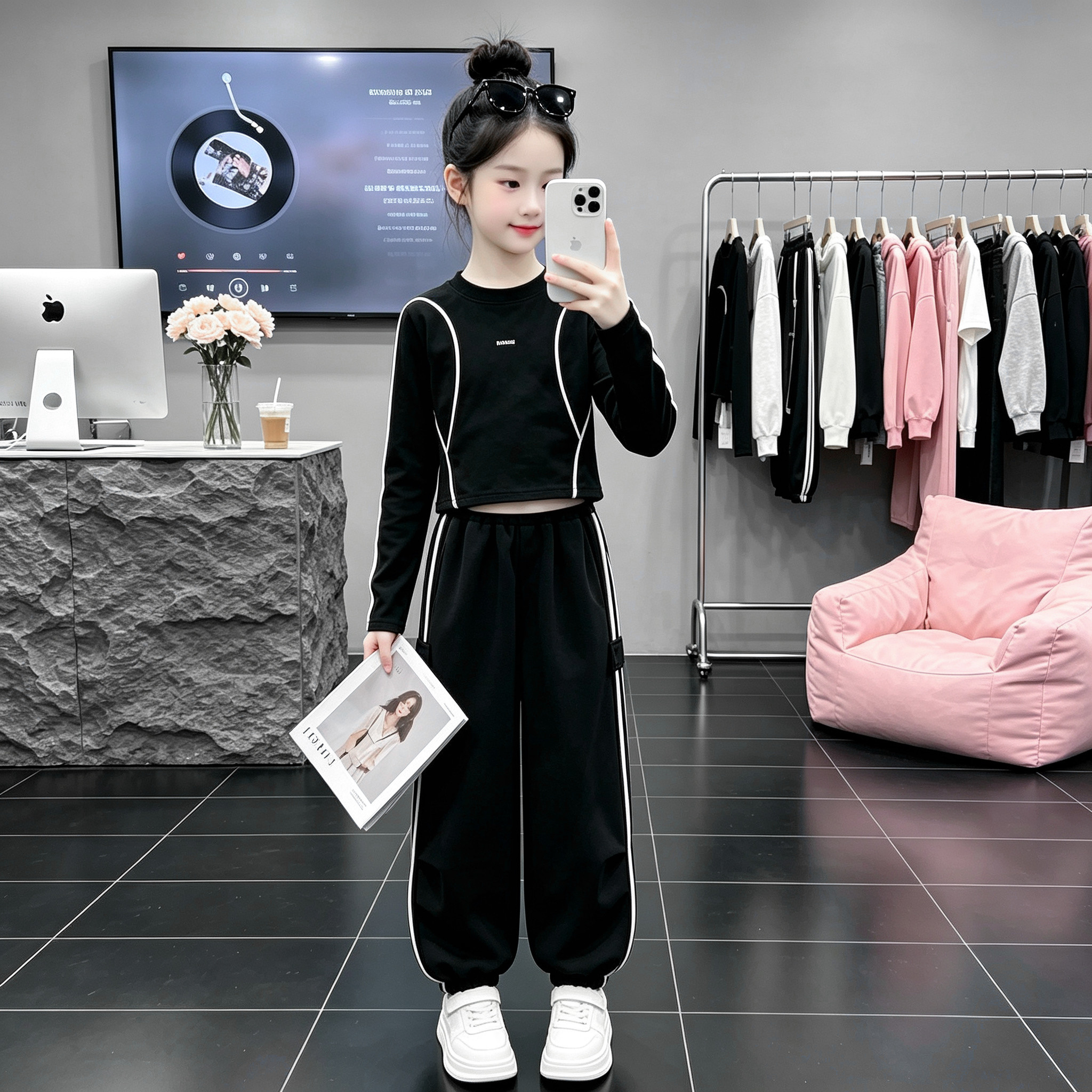 女童春秋休闲套装2026新款女孩百搭长袖T恤运动阔腿裤洋气两件套9