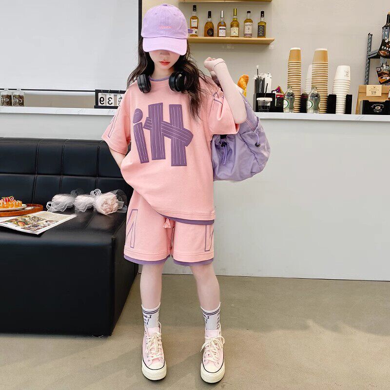 女童时髦短袖T恤套装夏季洋气中大童女孩短裤休闲运动服两件套潮