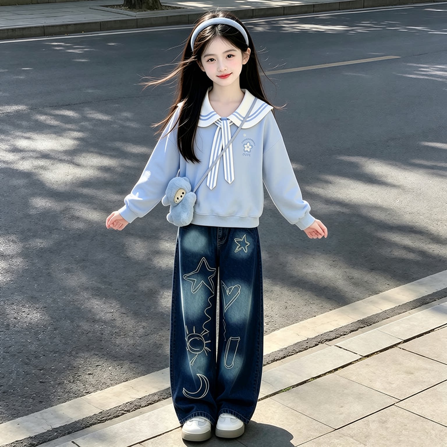 女童秋装海军领卫衣牛仔阔腿裤